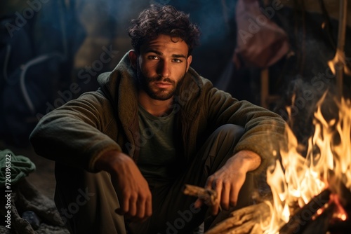 A man sits in front of a crackling fire, reveling in the comforting warmth it provides., Middle easterner youthful man sitting around campfire within the forsake, AI Generated