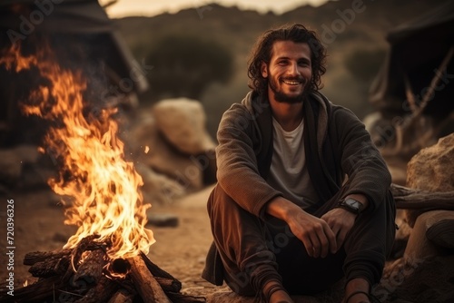 A man sits in front of a crackling fire, enjoying its warmth and ambiance., Middle easterner youthful man sitting around campfire within the forsake, AI Generated photo