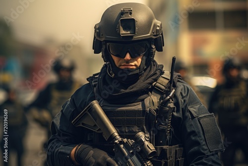 A police officer in uniform ensures public safety by holding a gun., Modern army special forces soldier police, swat team member, AI Generated