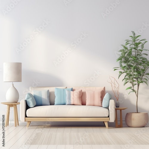 modern calm living room with sofa and mockup for painting, empty space for text