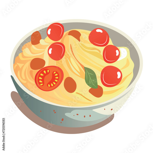 Paste of colorful set. This illustration celebrates the pasta with tomatoes, showcasing a tasty dish meticulously designed with a dash of cartoon creativity. Vector illustration.
