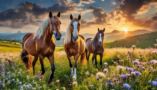 Pedigree horses on a pasture in summer