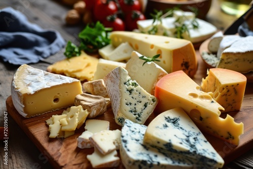 Cheese platter with different types of cheese and snacks on a wooden table. Dairy products. Assortment of cheese with copy space. International cheese specialities. wine snacks concept.