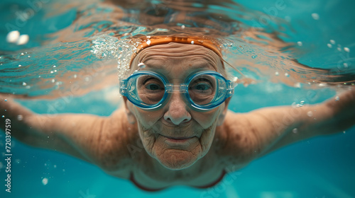 Elderly woman, swimmer in the pool.