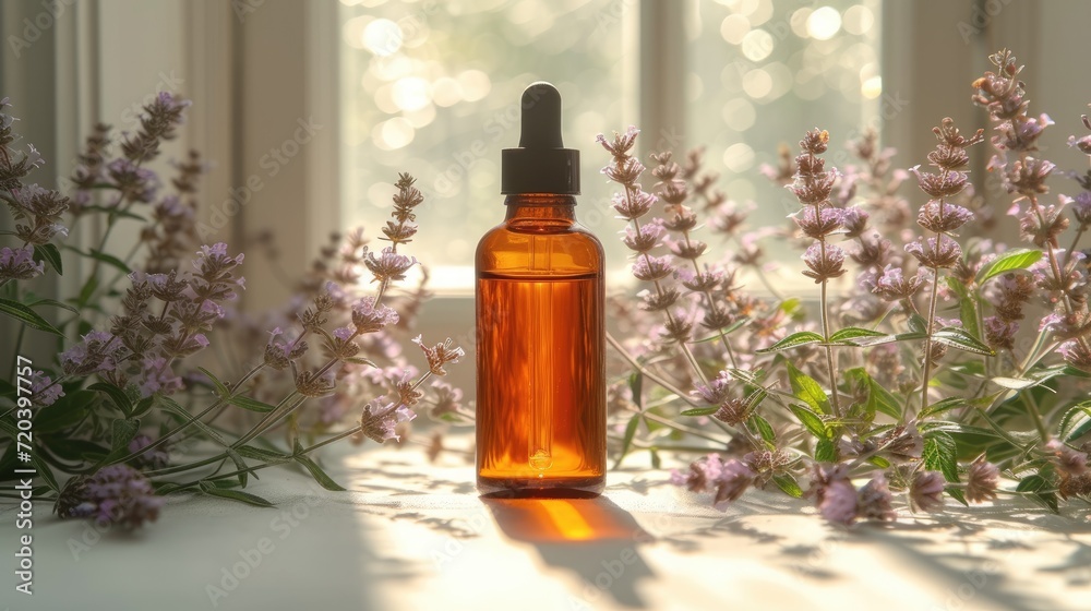 Essential Aromatic oil and lavender flowers,natural remedies, aromatherapy