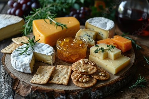 Cheese platter with different types of cheese and snacks on a wooden table. Dairy products. Assortment of cheese with copy space. International cheese specialities. wine snacks concept.