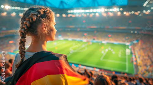 Girl fan stands in stadium, holding Germany flag, embodying national pride and sports enthusiasm under bright skies of eventful game day. Concept of sport competitions, tournaments and sport games