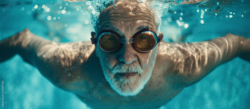 Elderly man,  swimmer in the pool.