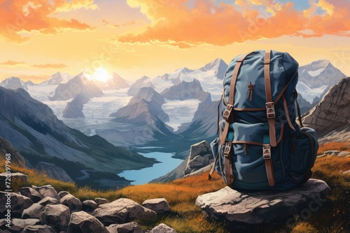 A captivating painting showcasing a backpack placed on top of a magnificent and lofty mountain., mountain view background and back side of tourist woman, AI Generated