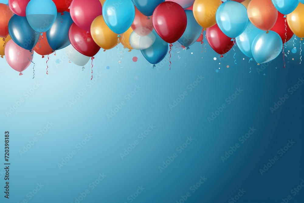 A delightful image capturing a bunch of colorful balloons floating effortlessly in the air., Multicolored carnival or birthday background on blue with a frame of colorful party balloons, AI Generated A delightful image capturing a bunch of colorful balloons floating effortlessly in the air., Multicolored carnival or birthday background on blue with a frame of colorful party balloons, AI Generated
