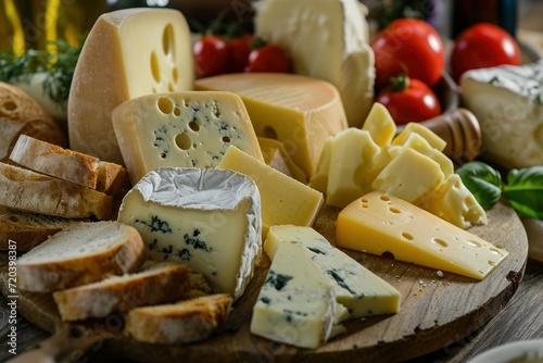 Cheese platter with different types of cheese and snacks on a wooden table. Dairy products. Assortment of cheese with copy space. International cheese specialities. wine snacks concept.