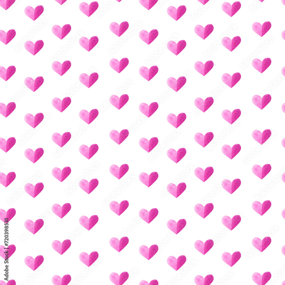 Seamless pattern Valentine's day heart clip art in shades of pink painted. Hand drawn watercolor illustration isolated on white background. Backdrop wallpaper for textiles, packaging