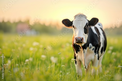 Single domestic cow peacefully grazes in a sunlit summer meadow, with a faint outline of a house or farm in the background © paffy