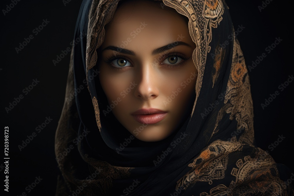 A portrait of a woman wearing a headscarf and scarf, covering her head and neck., Muslim Woman Portrait, AI Generated A portrait of a woman wearing a headscarf and scarf, covering her head and neck., Muslim Woman Portrait, AI Generated
