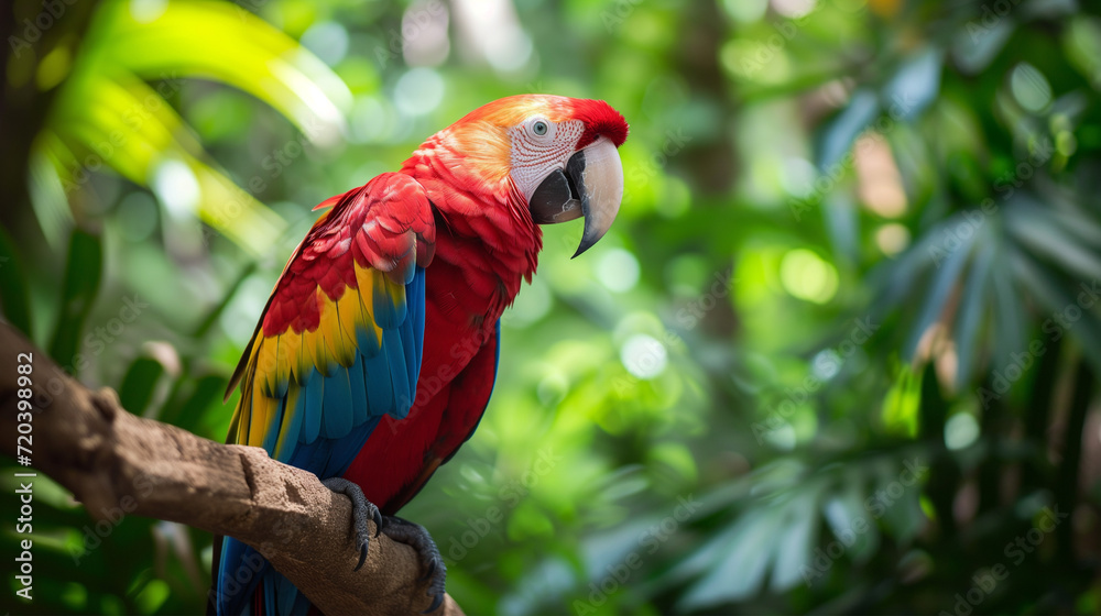 Red macaw parrot perched, tropical foliage backdrop