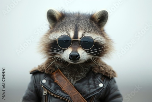 A raccoon decked out in a leather jacket and shades. Generative Ai.