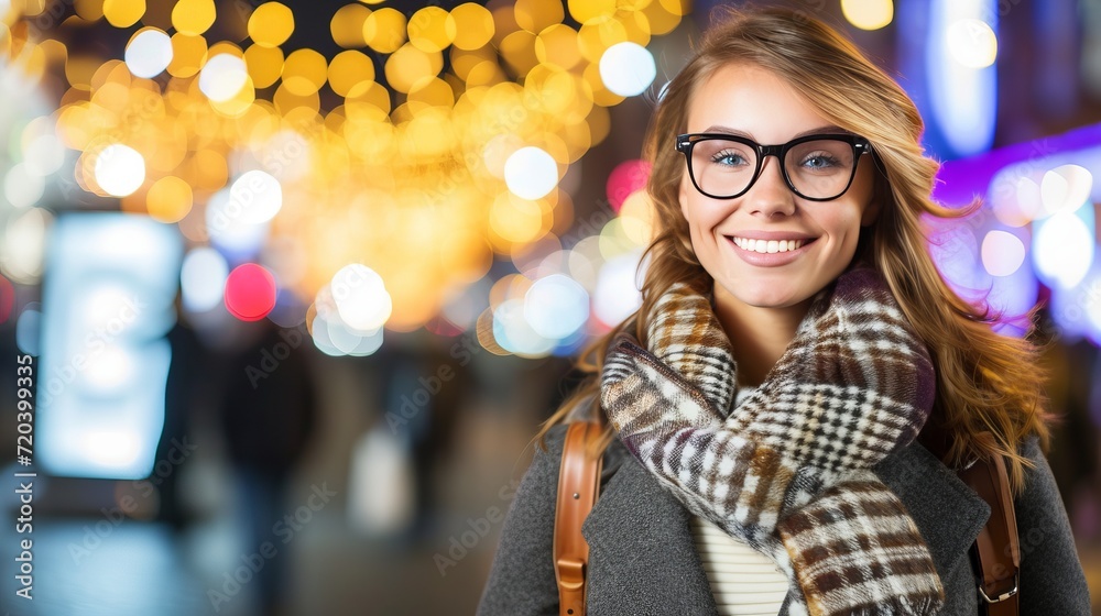 Smiling young businesswoman walking in city center with blurred background and copy space Smiling young businesswoman walking in city center with blurred background and copy space