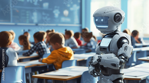 An android robot is in a big classroom with school children. AI learning, technologies development photo