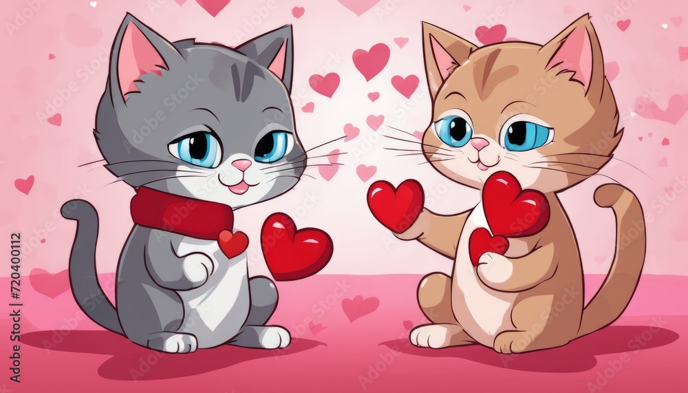 Obraz premium Two cats with hearts in their paws