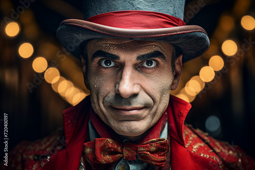 Circus performer clown magician showman in retro costume miracle time Generative AI