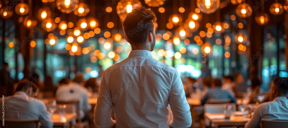 Business conference speaker delivering presentation from behind the podium in a corporate event