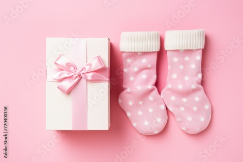 A pair of socks and a gift box sit on a pink background, ready to be given as a thoughtful gesture., Pair of small baby socks and gift box on pink background with copy space, AI Generated
