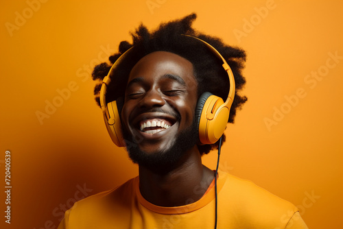 Photo picture of a carefree positive guy listening to upbeat music isolated on vivid yellow color background generative AI