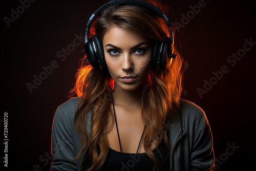 Dj person girl guy on stage turning on best music beat headphones turntable equipment Generative AI photo