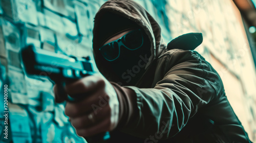 Masked man with gun in a hold-up scenario.