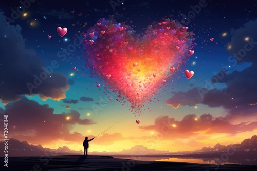 Experience the pure delight of a person flying a heart-shaped kite in the vast sky., People reach their hand to colorful hearts in the sky, AI Generated