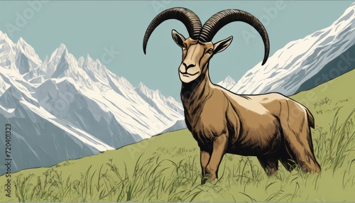 A mountain goat stands in a grassy field photo