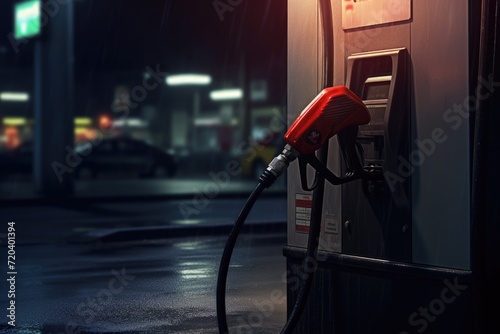 A gas pump at a gas station provides convenient refueling service for vehicles during nighttime., Petrol pump filling fuel nozzle in a gas station, AI Generated