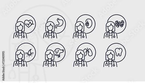 Doctor icons in a line style with an editable stroke. 
Cardiologist, veterinarian, dentist, dermatologist and gastroenterologist icons.