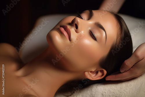 Lovely calm relaxed woman enjoying spa meditation massage generative AI