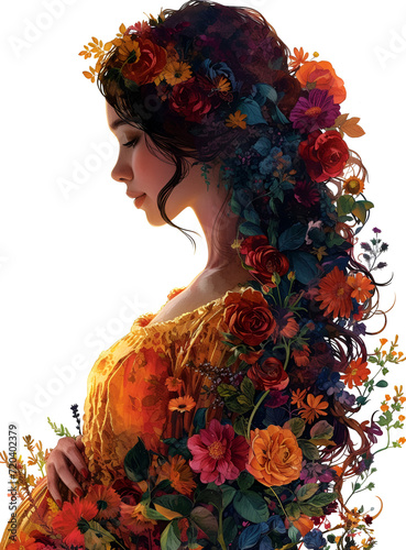 Una joven mujer embarazada con flores a redor do pelo  al estilo ilustrativo  photo