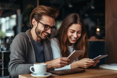 A couple sitting at a table engaged in a business meeting while using a tablet, Pleased couple writing notes and browsing gadgets, AI Generated