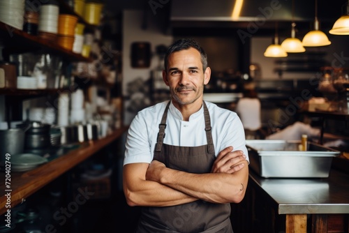 A man in a kitchen, standing with his arms crossed, portrait and small business owner with arms crossed in kitchen for hospitality service, AI Generated