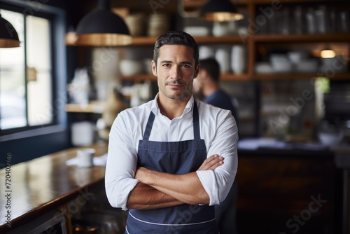A man stands in a kitchen, with his arms crossed, in a confident and composed manner, portrait and small business owner with arms crossed in kitchen for hospitality service, AI Generated