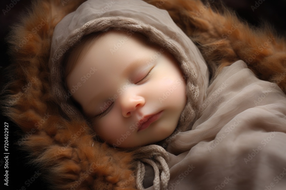 A sleeping baby, wrapped in a brown blanket, resting peacefully and serenely, portrait of a beautiful sleeping baby, AI Generated