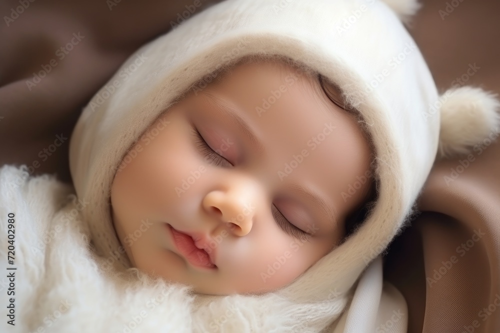 An adorable baby is peacefully sleeping while wearing a white hat, portrait of a beautiful sleeping baby, AI Generated
