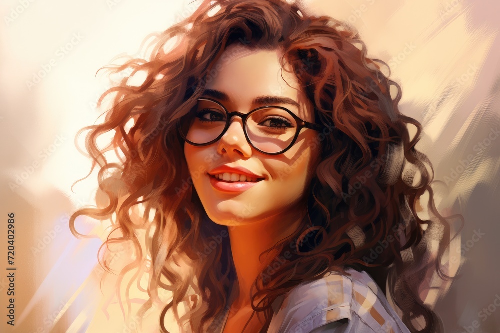 Digital Painting of Woman With Glasses, Portrait of a beautiful smiling young woman with curly hair and glasses\, AI Generated Digital Painting of Woman With Glasses, Portrait of a beautiful smiling young woman with curly hair and glasses\, AI Generated