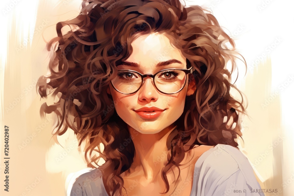 Fototapeta premium Painting of Woman Wearing Glasses - Portrait of a Thoughtful Lady With Eyewear, Portrait of a beautiful smiling young woman with curly hair and glasses\, AI Generated