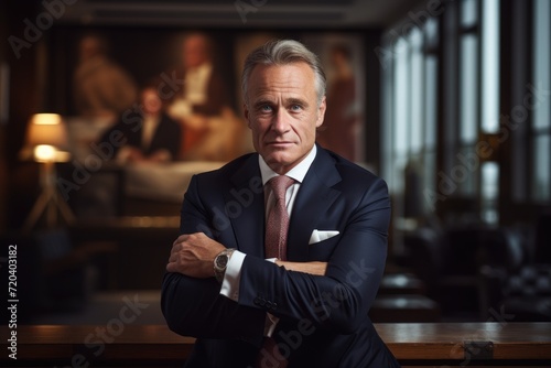 A professional man wearing a suit and tie sitting at a table, engaged in a business meeting, Portrait of a CEO, office background, AI Generated