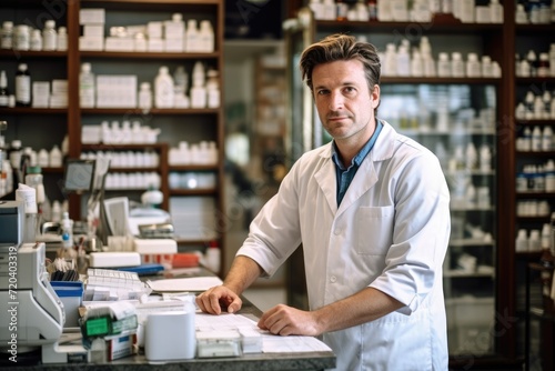 A scientist wearing a lab coat is seen standing at a counter while carrying out various experiments, Portrait of a male pharmacist working at the counter in pharmacy, AI Generated