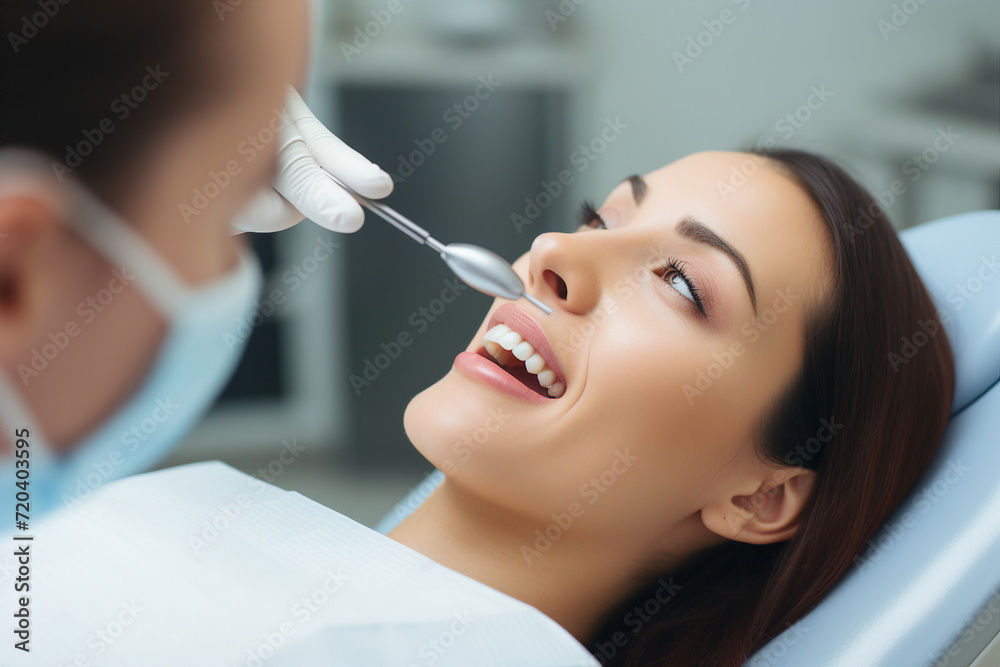 Generative AI image of smiling patient in chair dentistry teeth treatment Generative AI image of smiling patient in chair dentistry teeth treatment