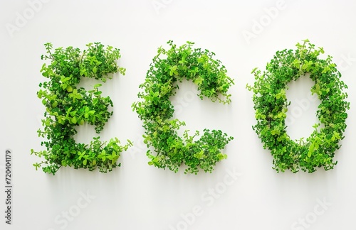 Eco-friendly concept: green plants forming the word "ECO" on a white background, symbolizing environmental protection and sustainable living