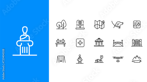 15 park icons with an editable stroke for recreation, entertainment, sport, culture, and active leisure.