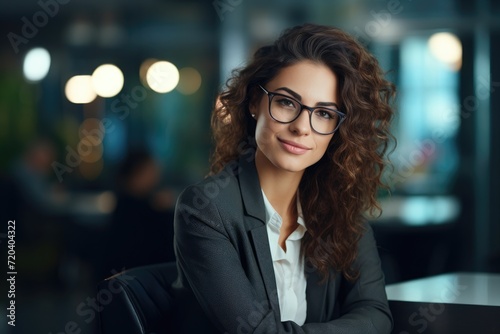A focused woman wearing glasses is sitting at a desk in an office, working diligently on her computer, Portrait of smiling pretty young business woman in glasses sitting on workplace, AI Generated
