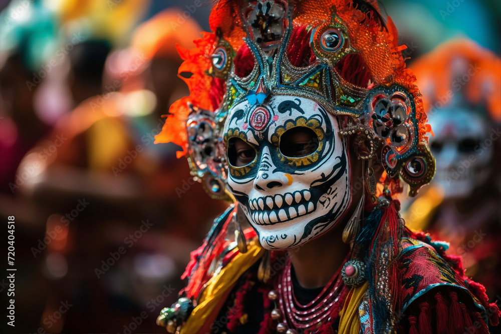 Generative AI picture of person adorned with facial tattoos in traditional mask celebrate indian festive event Generative AI picture of person adorned with facial tattoos in traditional mask celebrate indian festive event