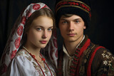 AI generated picture of a happy polish slavic couple celebrating wedding day in traditional clothes